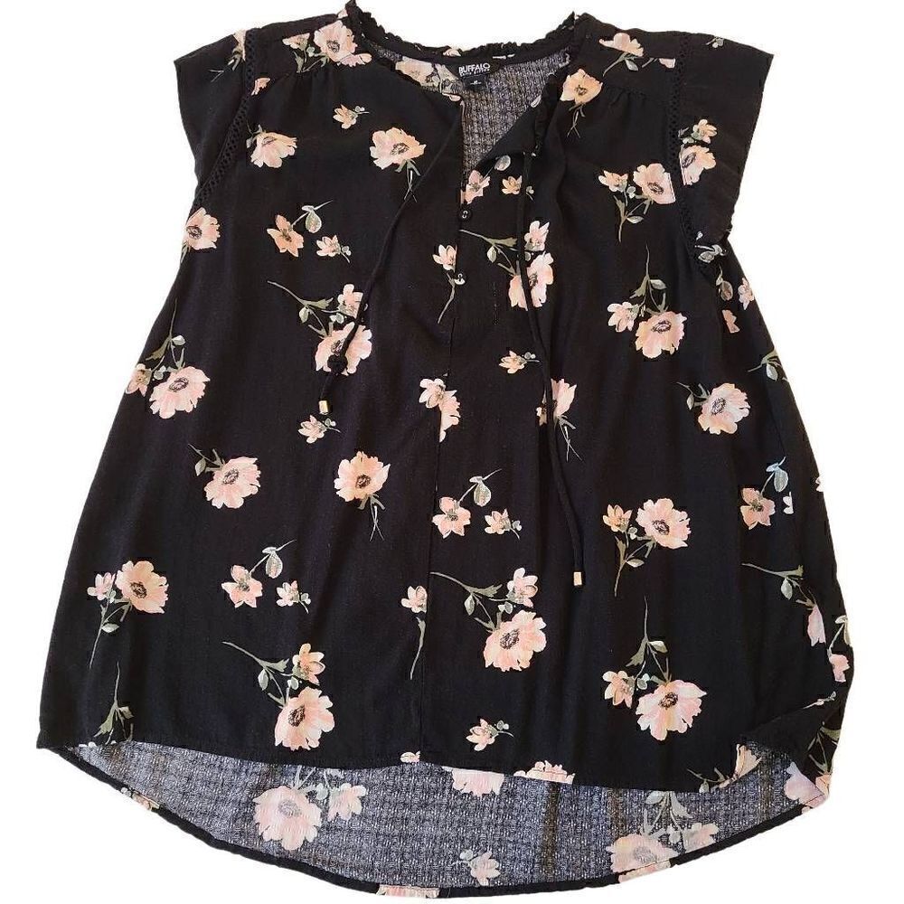 Buffalo David Britton Womens High Low Floral Flutter Sleeve Top Black Medium